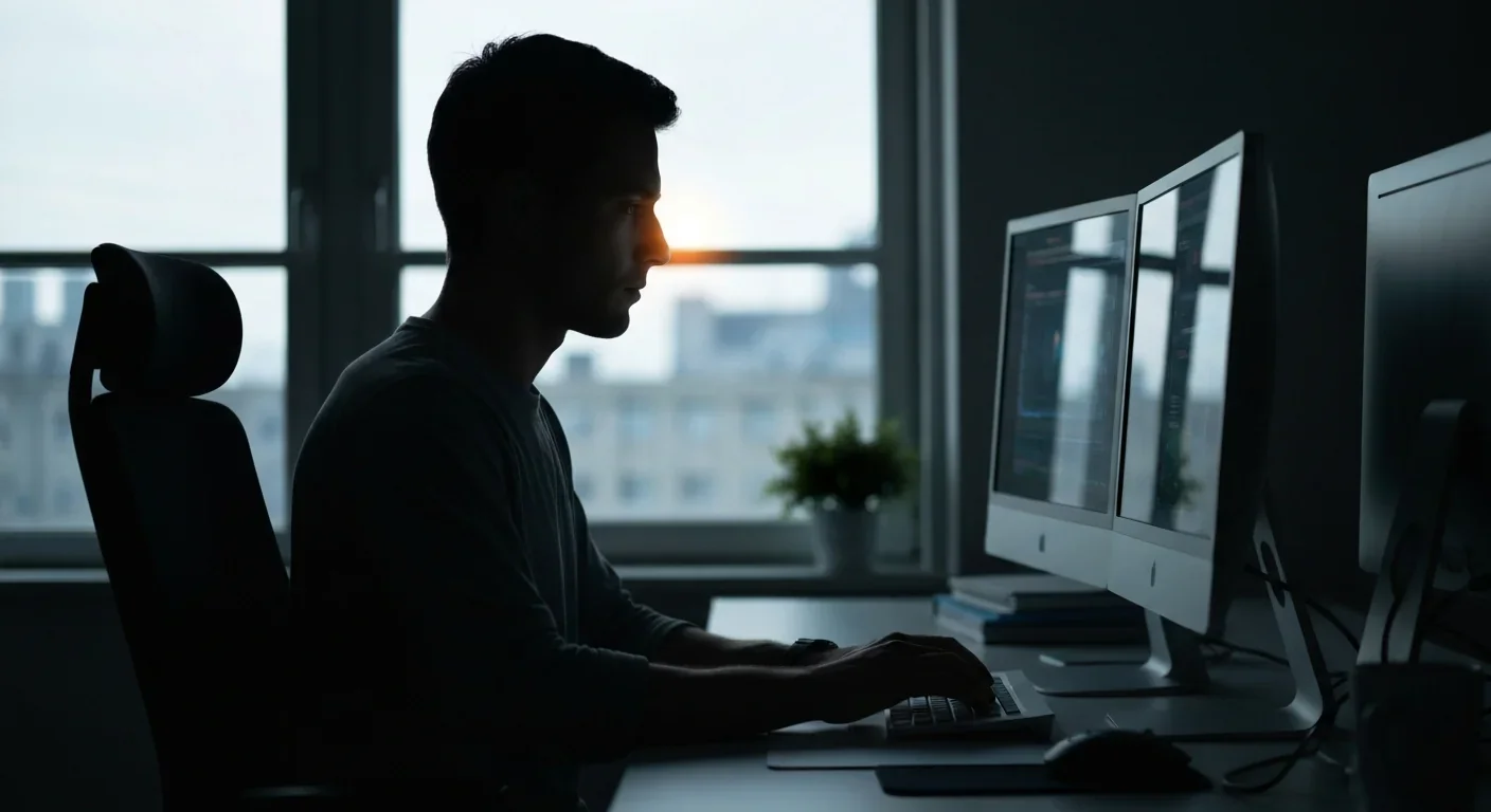 Silhouette of person using computer in low light suggesting AI and digital future