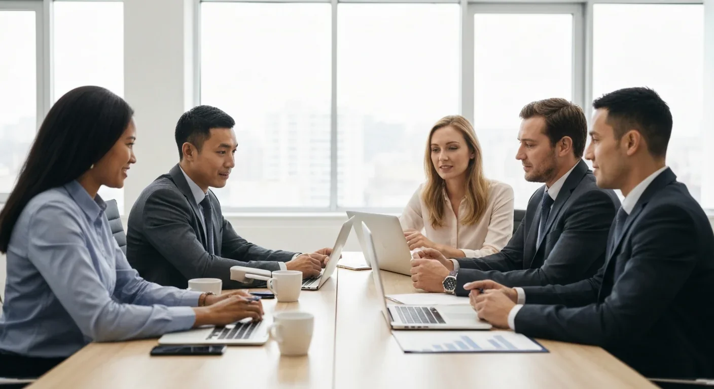 Diverse group of professionals collaborating in a modern office meeting, illustrating workplace dynamics and group perception