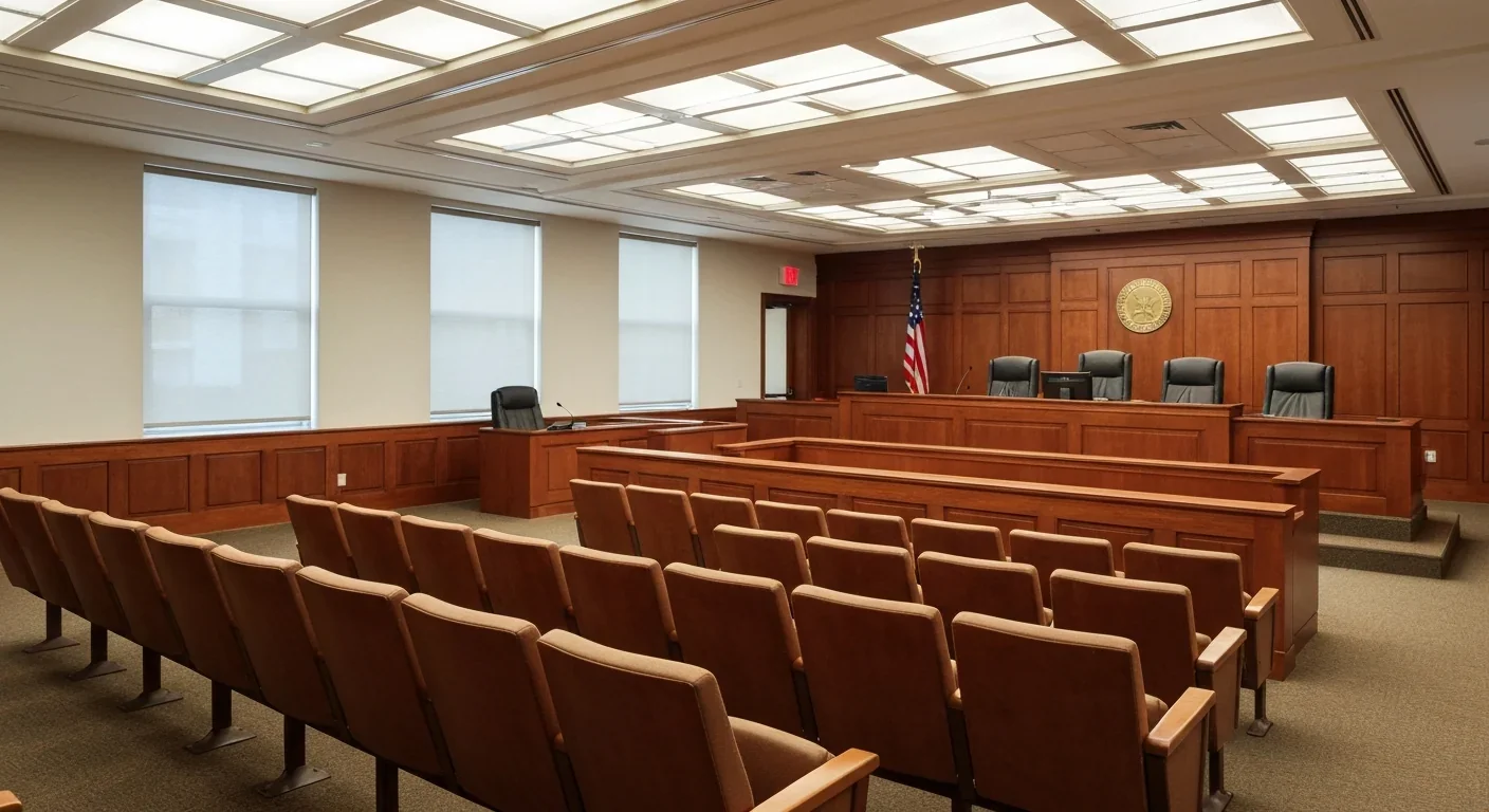Empty courtroom with jury box, representing the role of cognitive bias in criminal justice and eyewitness testimony