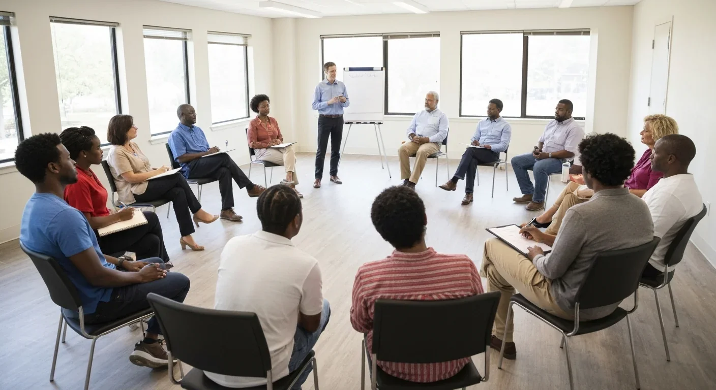 Diverse group participating in a facilitated dialogue session, illustrating structured interventions to reduce bias