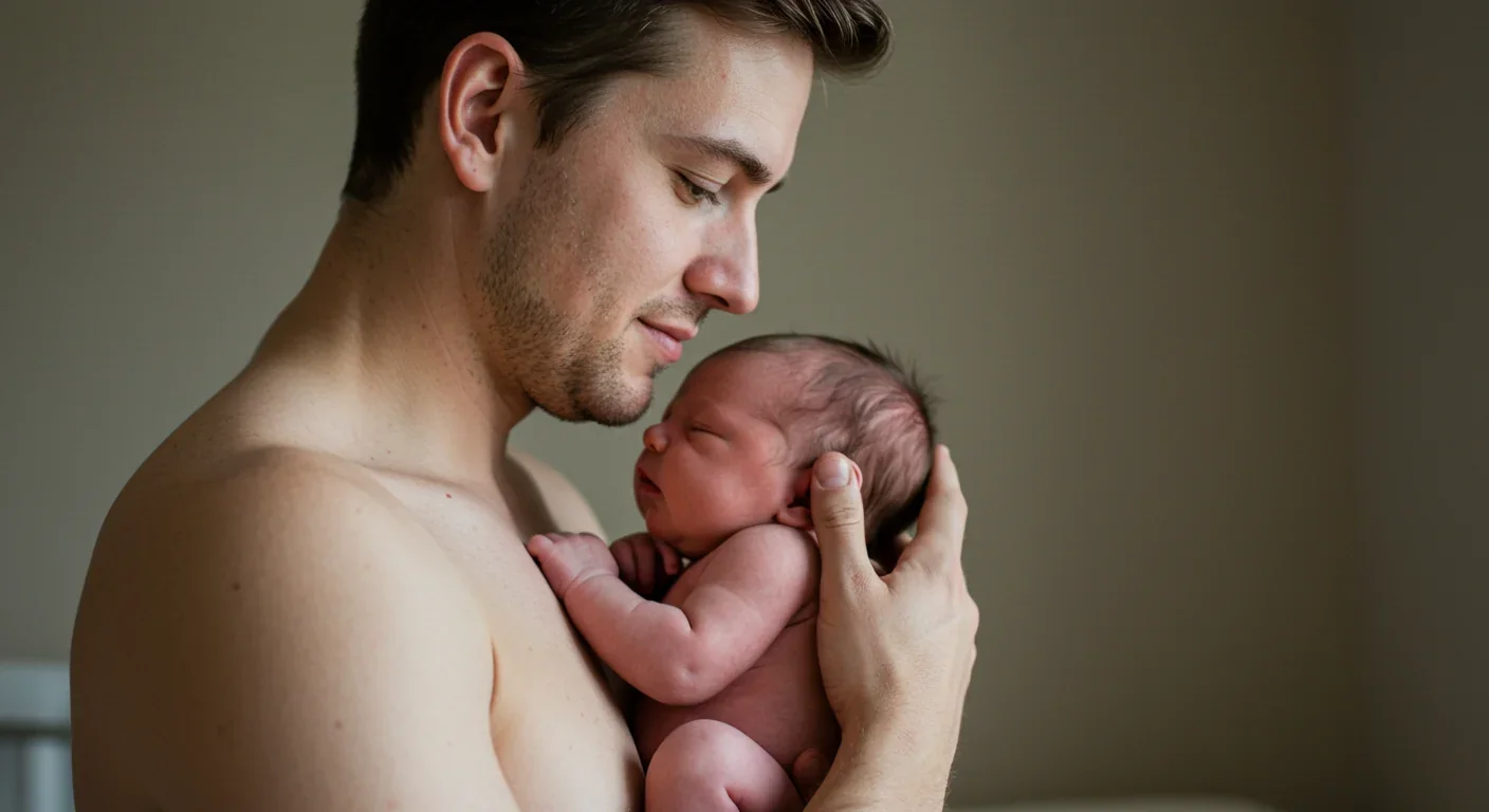 Father practicing skin-to-skin contact with newborn infant showing early bonding behaviors