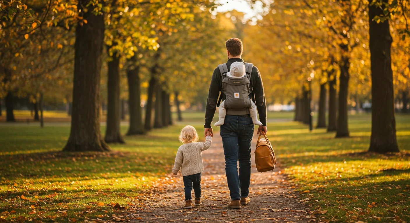 Father in Nordic country on parental leave walking with baby carrier and toddler in park