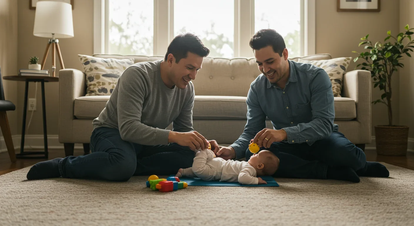 Same-sex couple fathers engaging in tummy time developmental activity with their infant at home