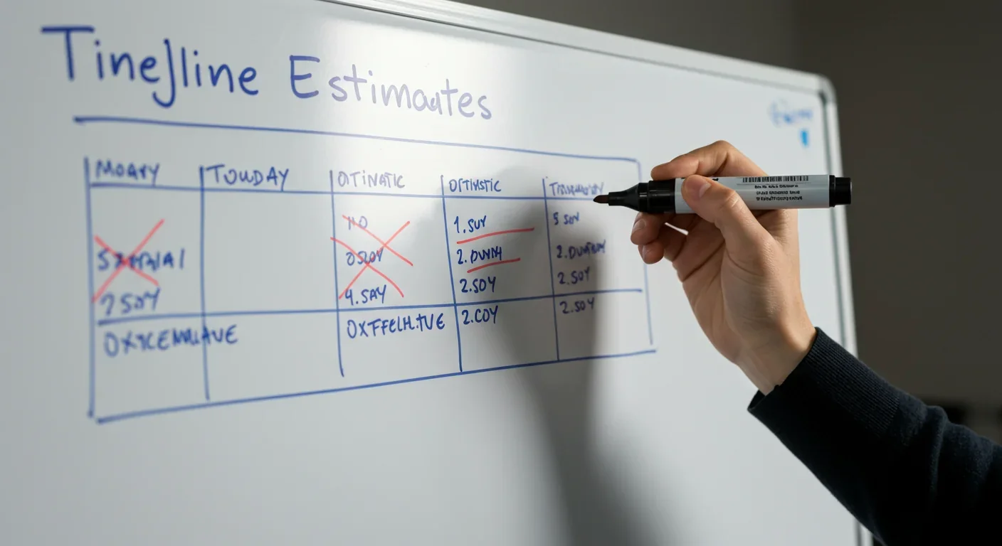 Hand revising overly optimistic project timeline estimates on whiteboard