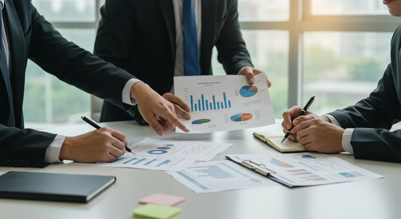 Business team analyzing historical project data to improve future estimates