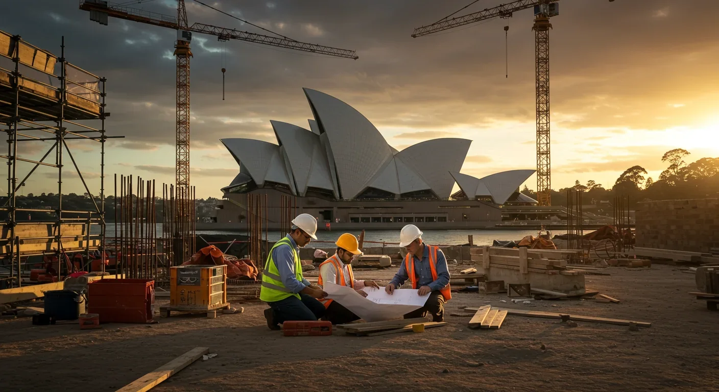Sydney Opera House construction site with workers reviewing plans