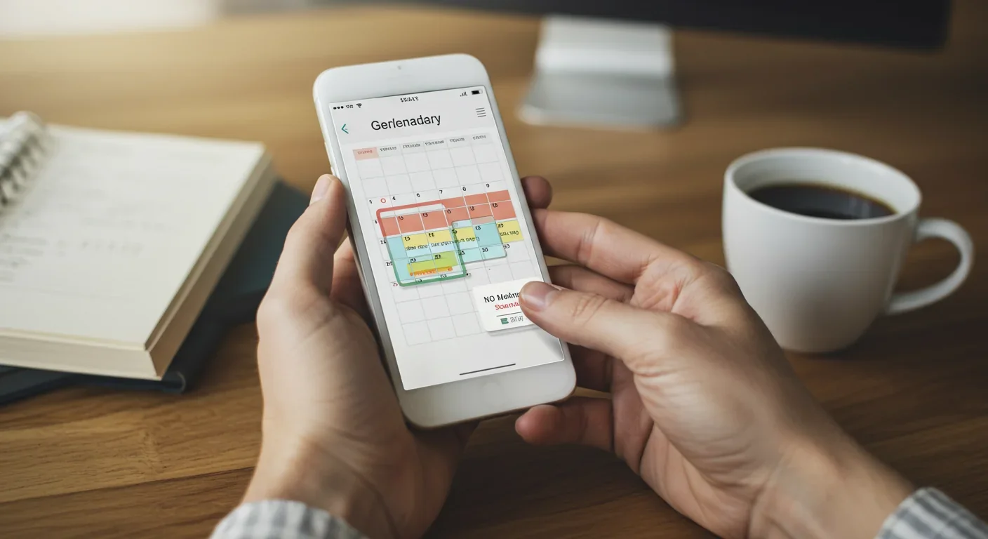 Smartphone calendar showing overlapping appointments and missed meeting notification