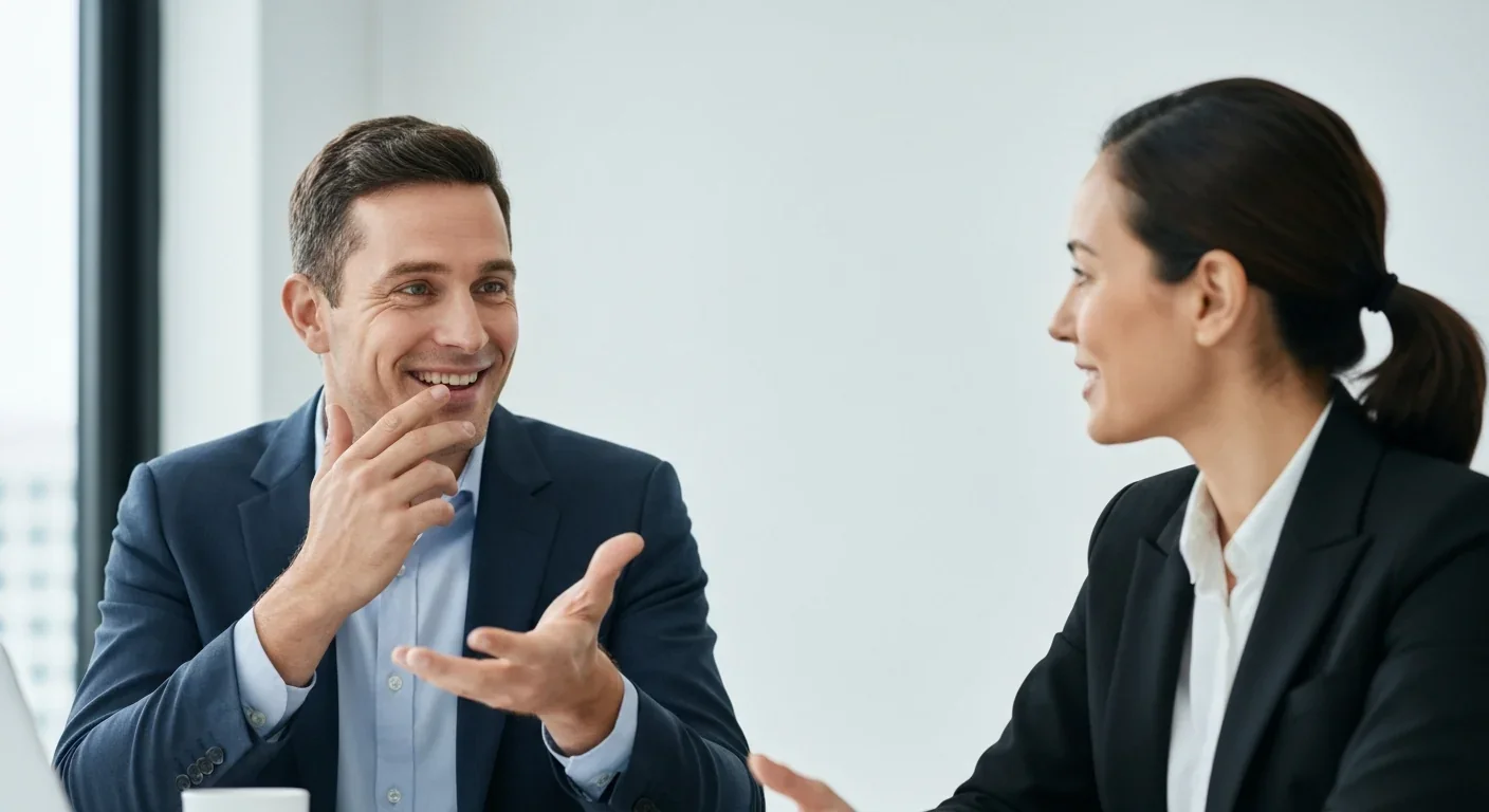 Two professionals connecting through authentic workplace conversation, demonstrating psychological safety