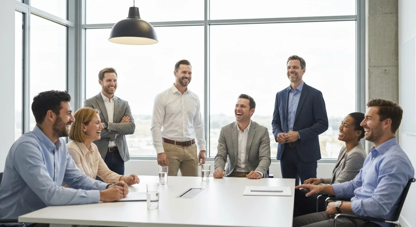 Diverse team of professionals sharing an authentic moment of connection and laughter in meeting