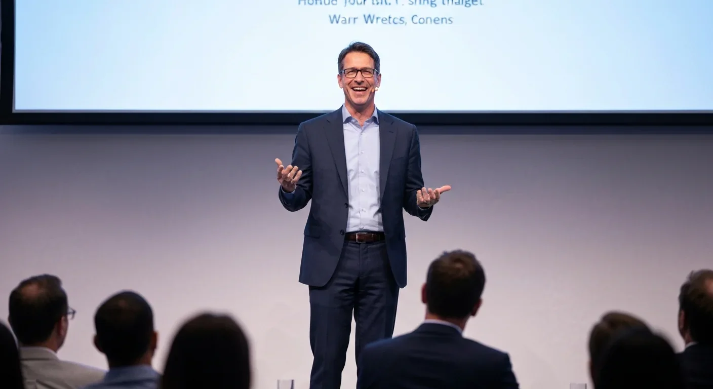 Professional speaker delivering authentic presentation at corporate conference with engaged audience