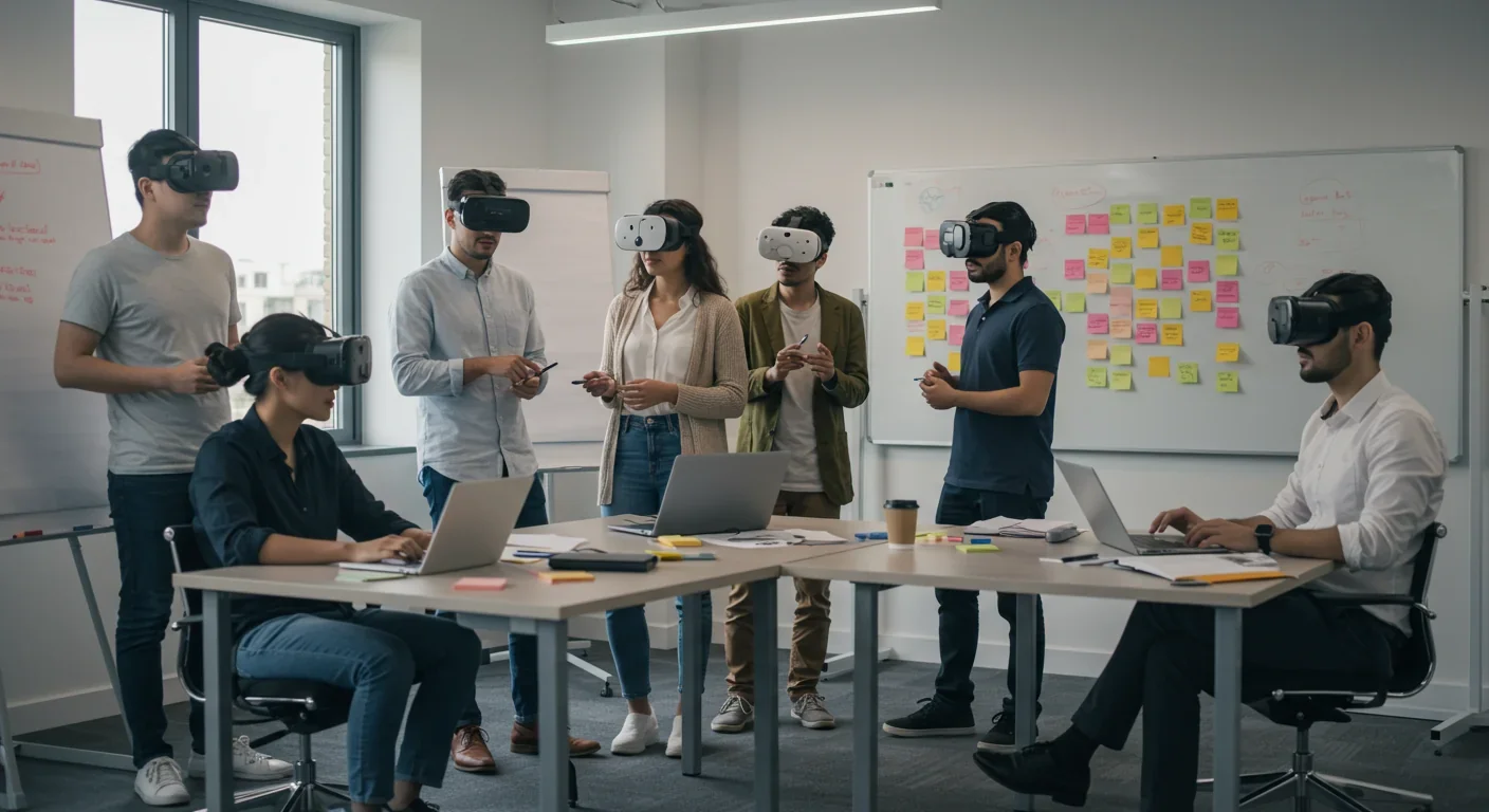 Corporate team using VR avatars for creative collaboration and training in modern office environment
