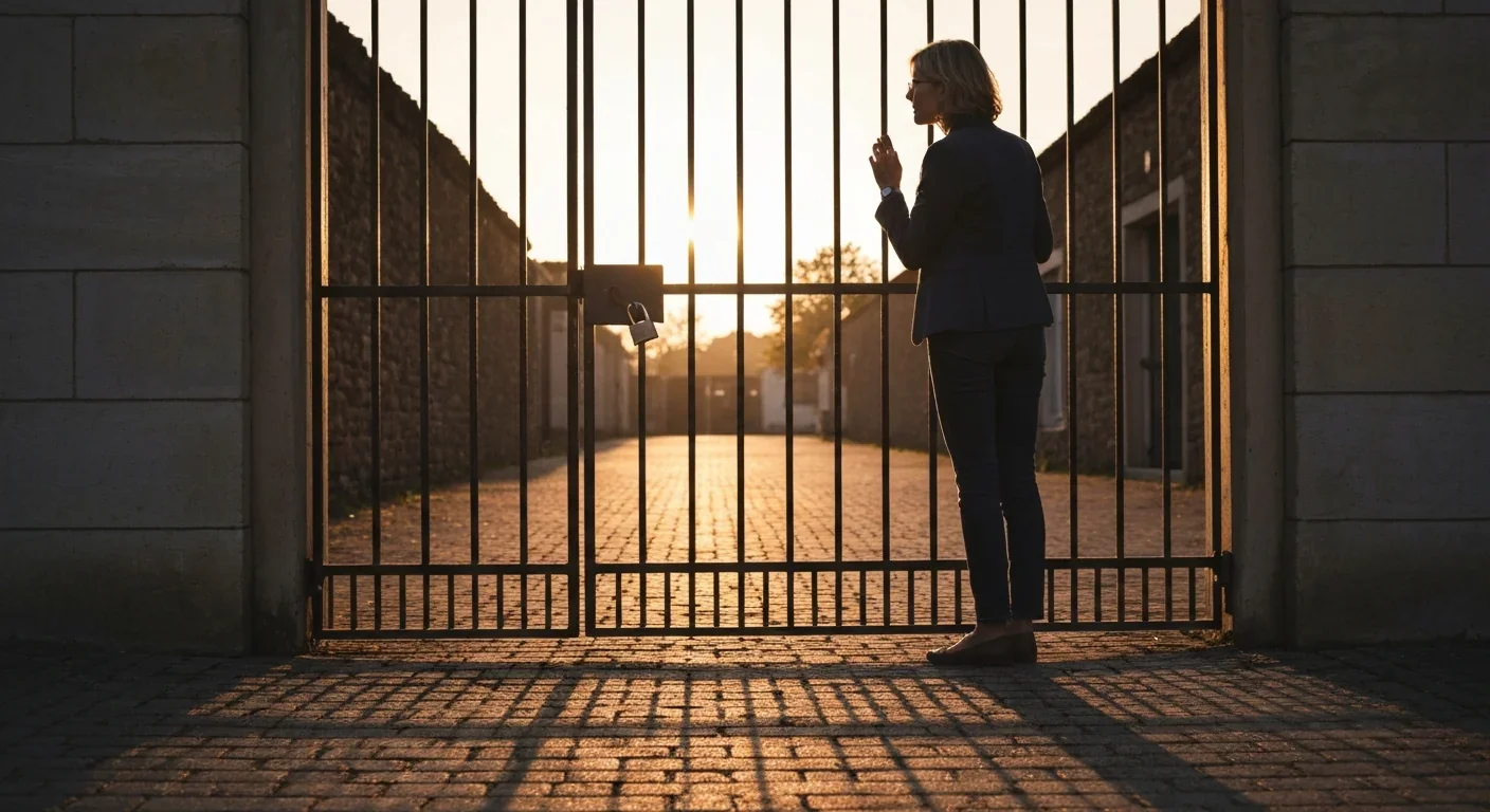 Adult woman peering curiously through a padlocked iron gate in warm golden hour light