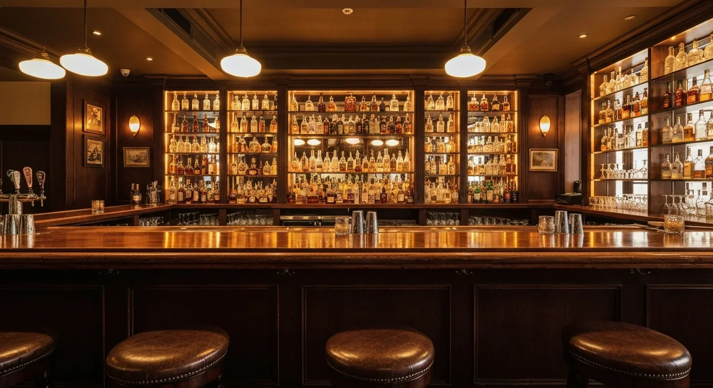 Dimly lit vintage speakeasy bar interior with amber lighting and polished wood counter