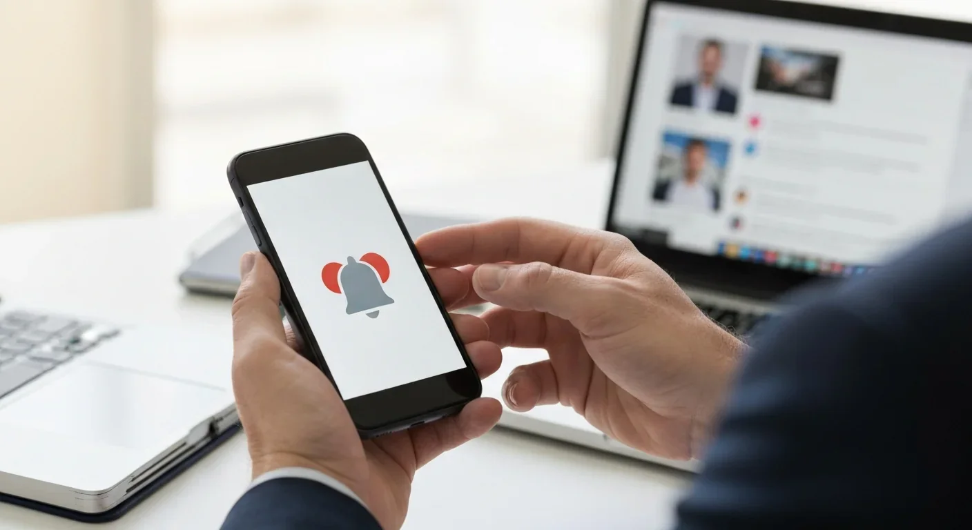 Close-up of adult hands holding a smartphone with notification icon and blurred social media in background
