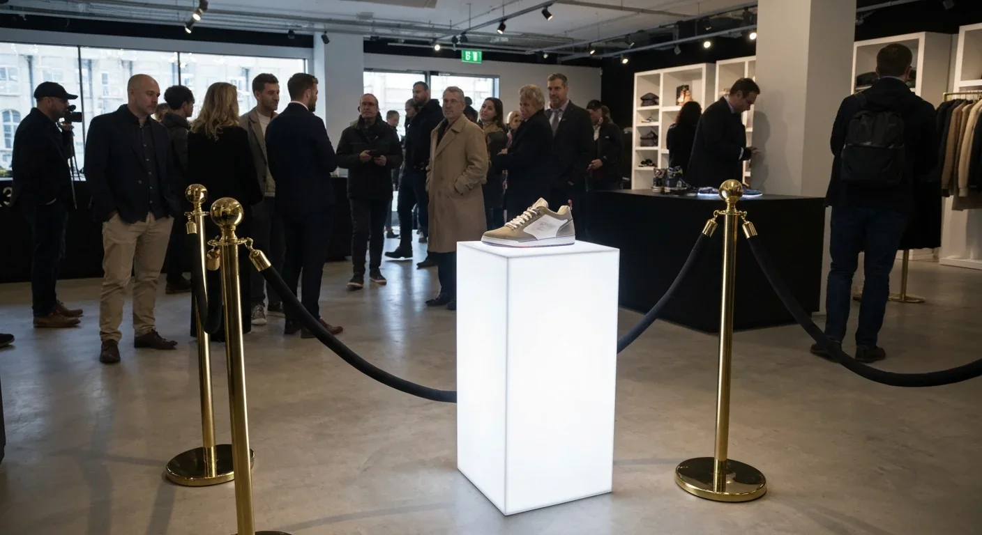 Limited-edition sneakers on an illuminated pedestal behind a velvet rope with shoppers in background
