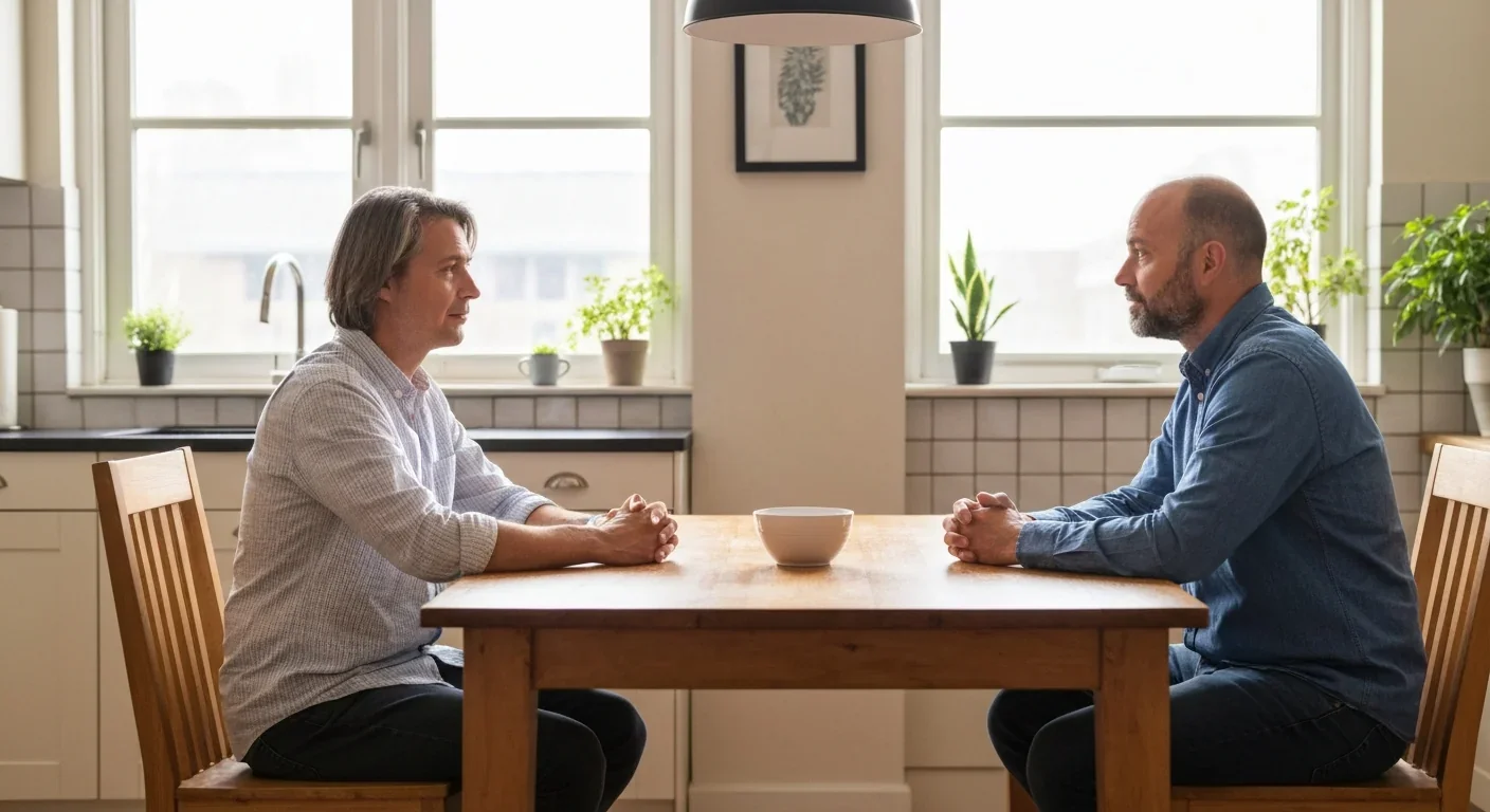 Two adults having a calm conversation at a sunlit kitchen table