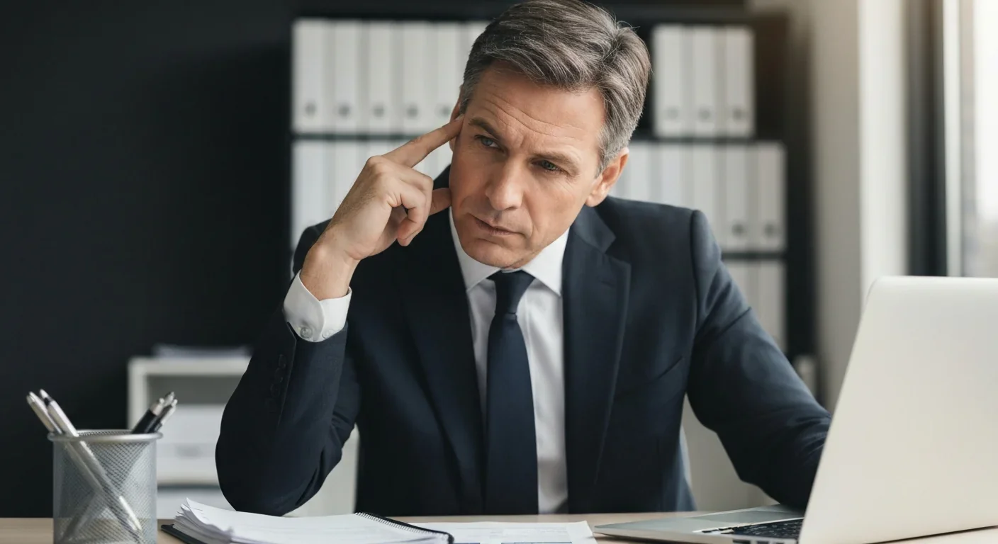 Professional adult appearing distracted while working at desk, illustrating how earworms interrupt concentration during daily tasks