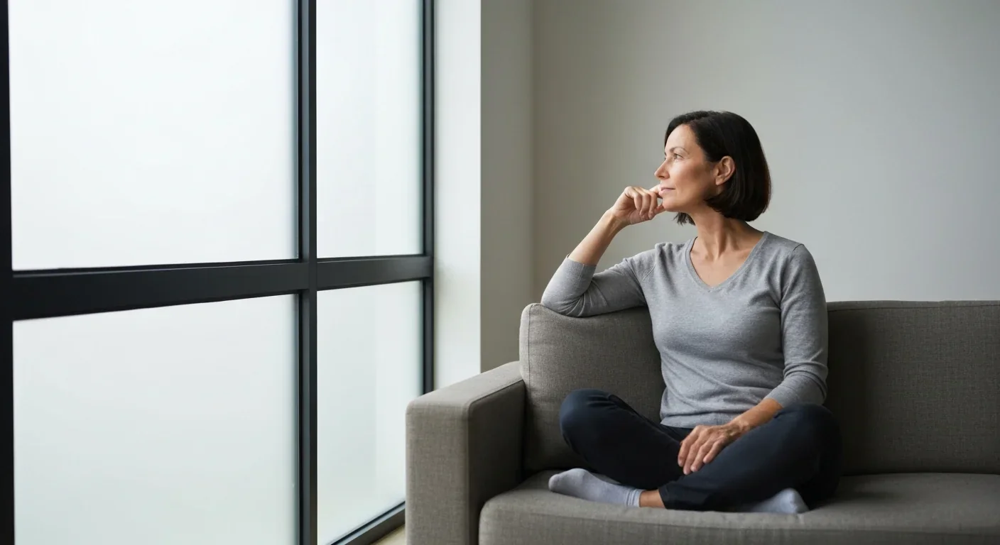 Adult woman in relaxed state gazing out window, representing low cognitive load conditions when earworms most frequently occur