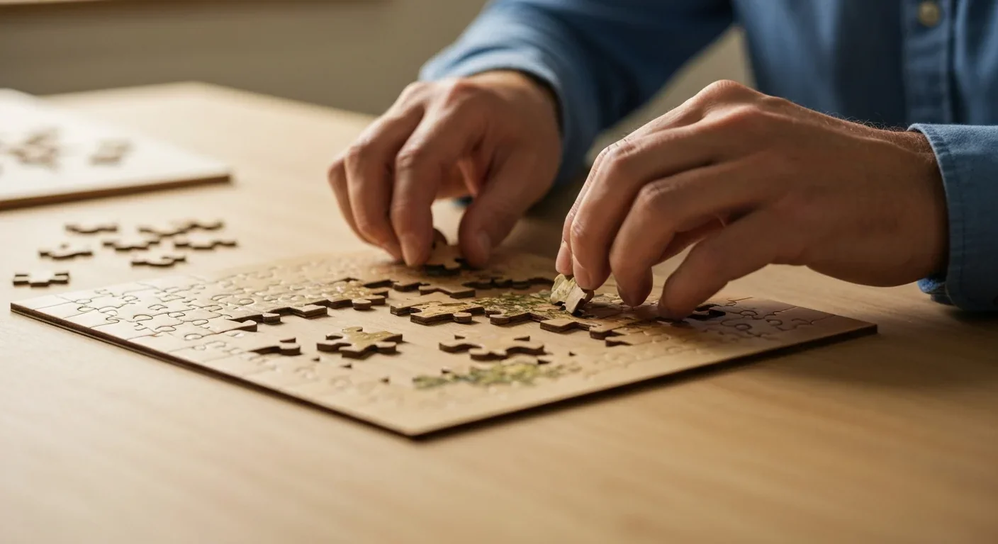 Adult hands assembling jigsaw puzzle, representing moderately difficult cognitive tasks that help disrupt earworm loops