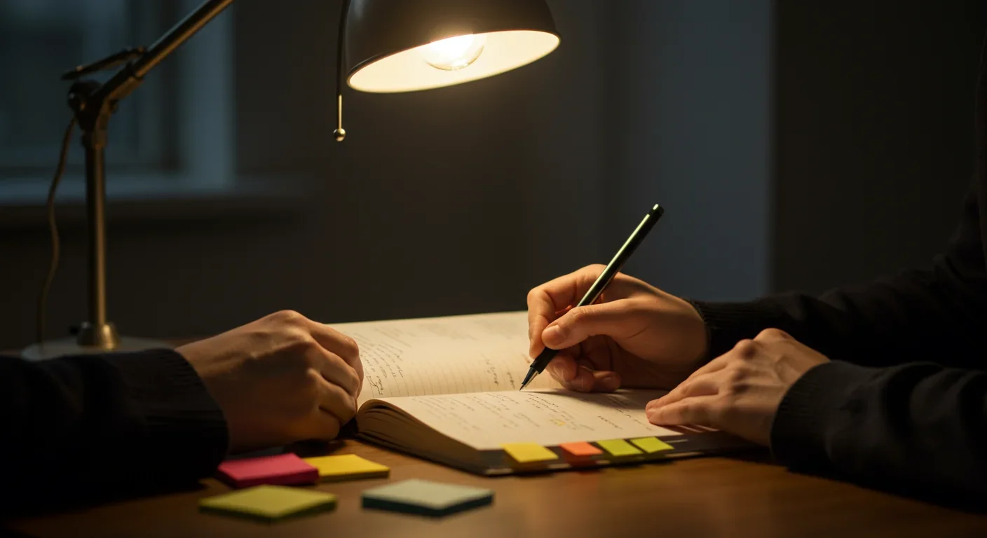 Close-up of hands writing personal notes in journal with colorful sticky notes