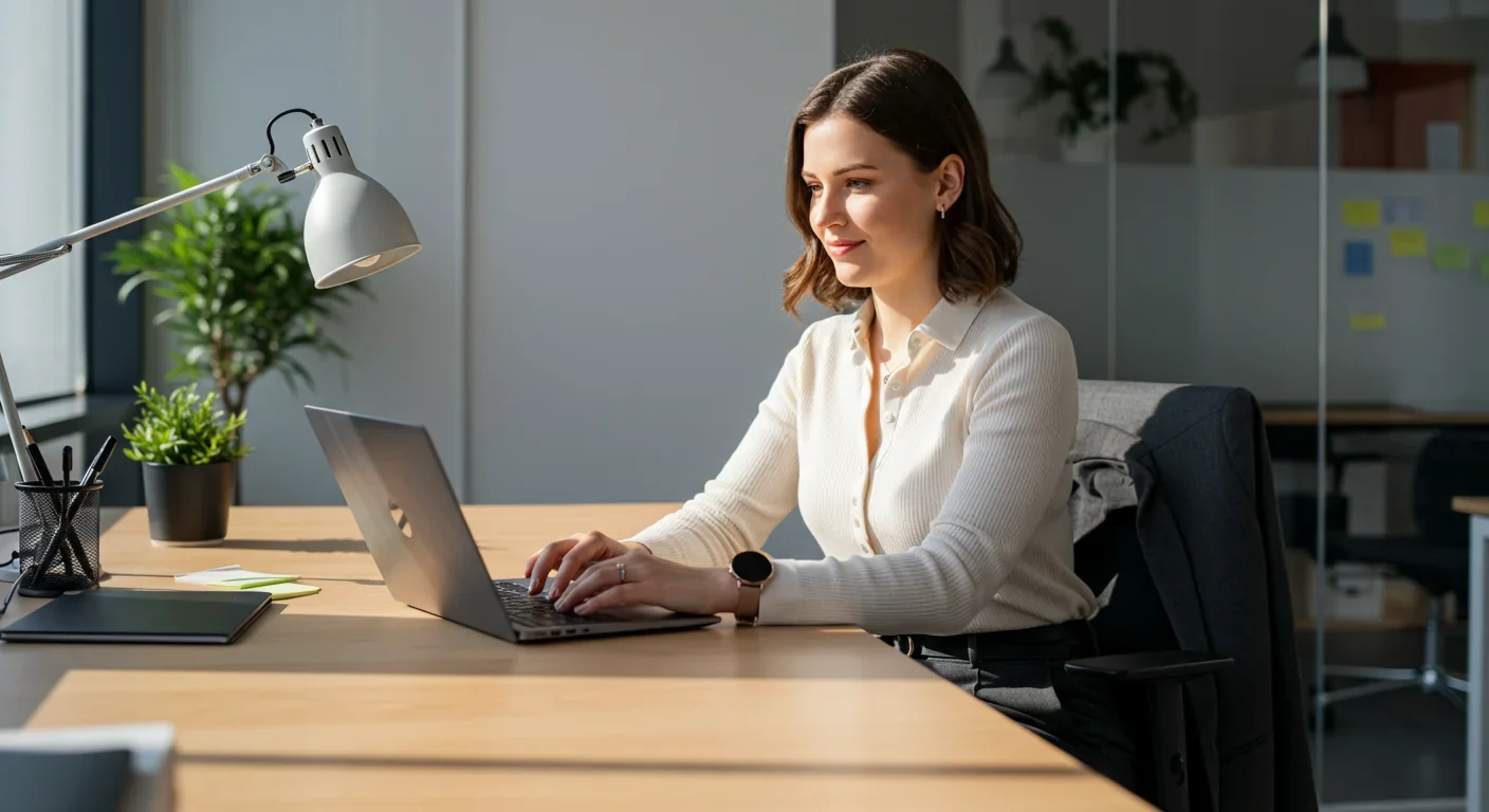 Professional woman working confidently at laptop in modern office setting