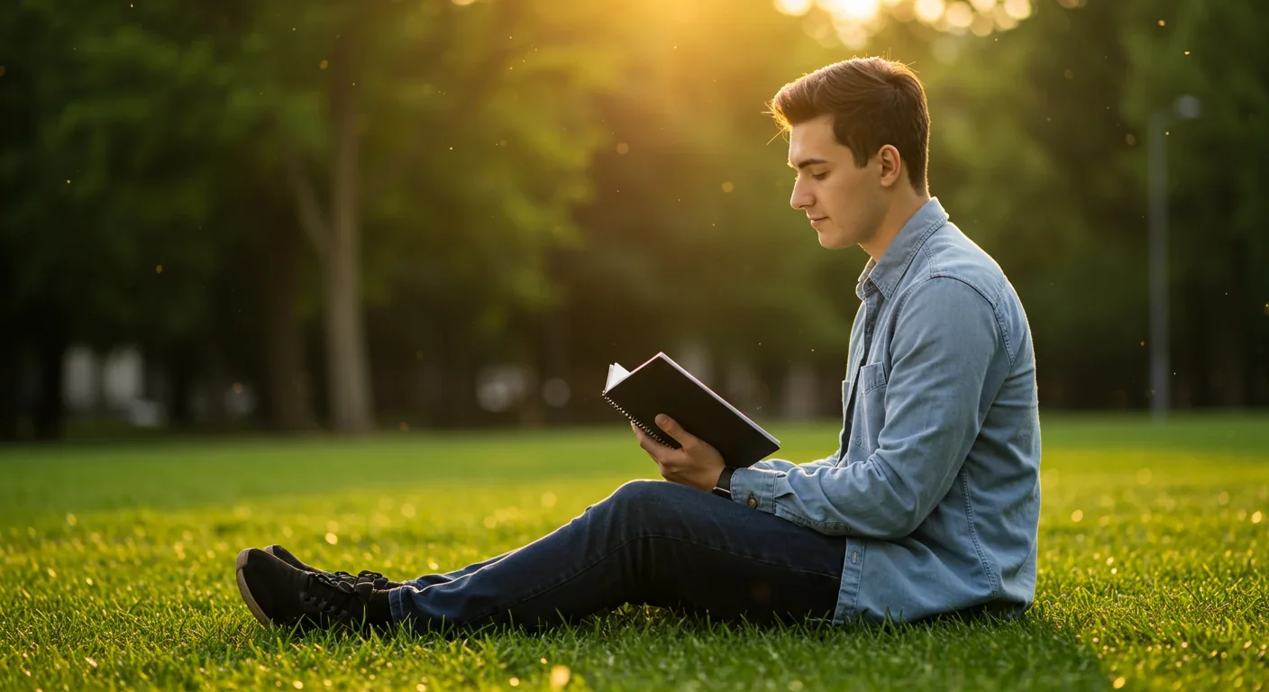 Person studying reflectively with notebook in peaceful outdoor park setting during golden hour