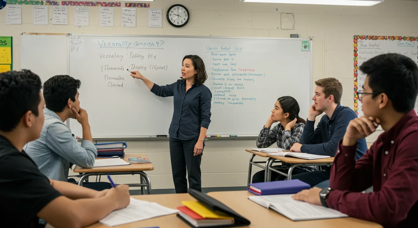 Teacher explaining vocabulary words to students in classroom setting