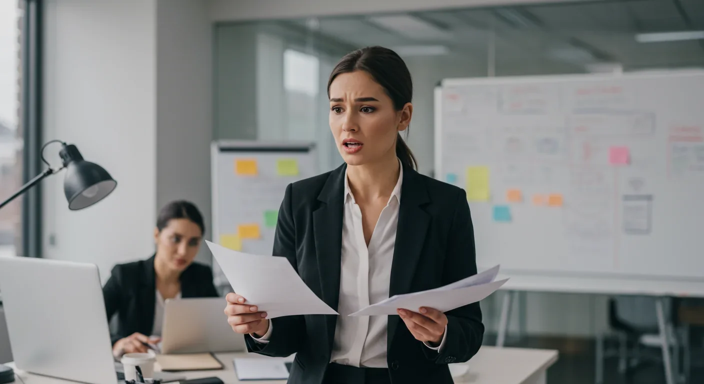 Professional rehearsing presentation with notes in modern office