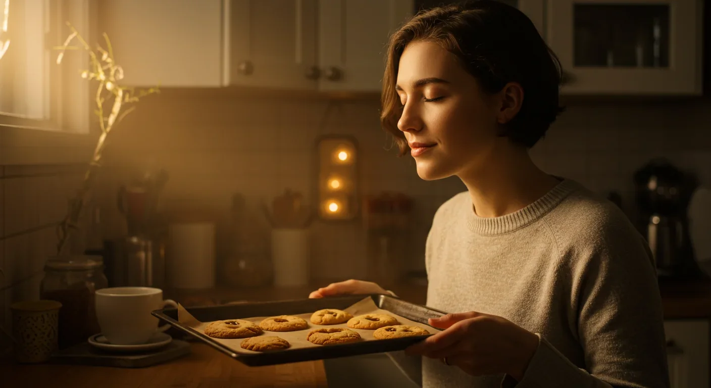 Person experiencing nostalgic memory while smelling fresh-baked cookies
