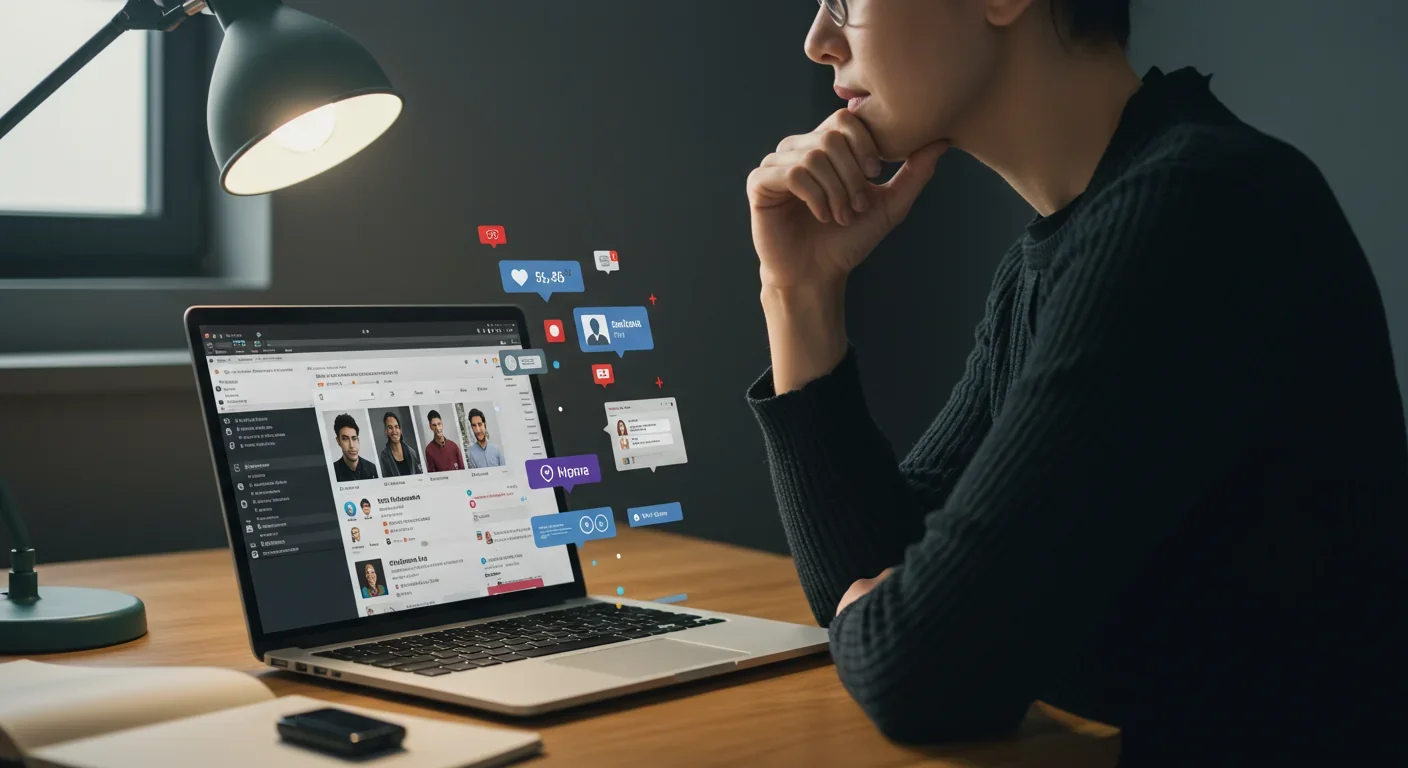 Person viewing social media feeds on laptop with engagement notifications