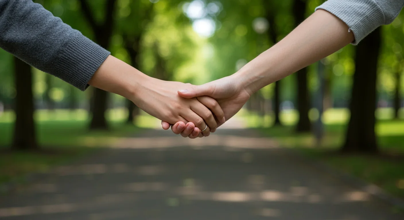 Two hands reaching to help each other in outdoor community setting