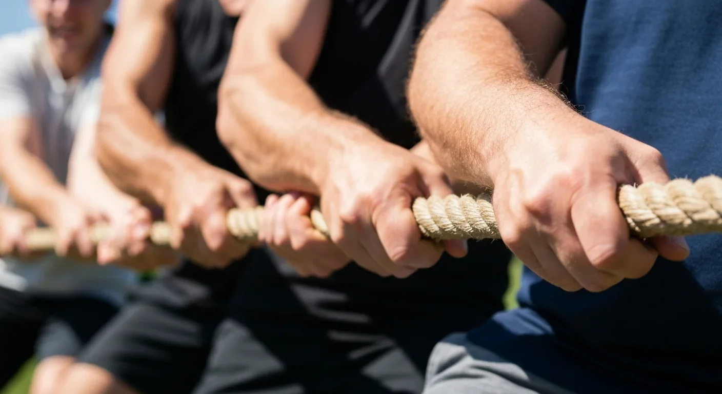 Hands gripping rope demonstrating the classic Ringelmann rope-pulling experiment