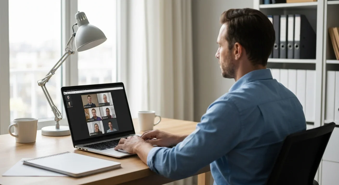 Remote worker participating in virtual team meeting from home office
