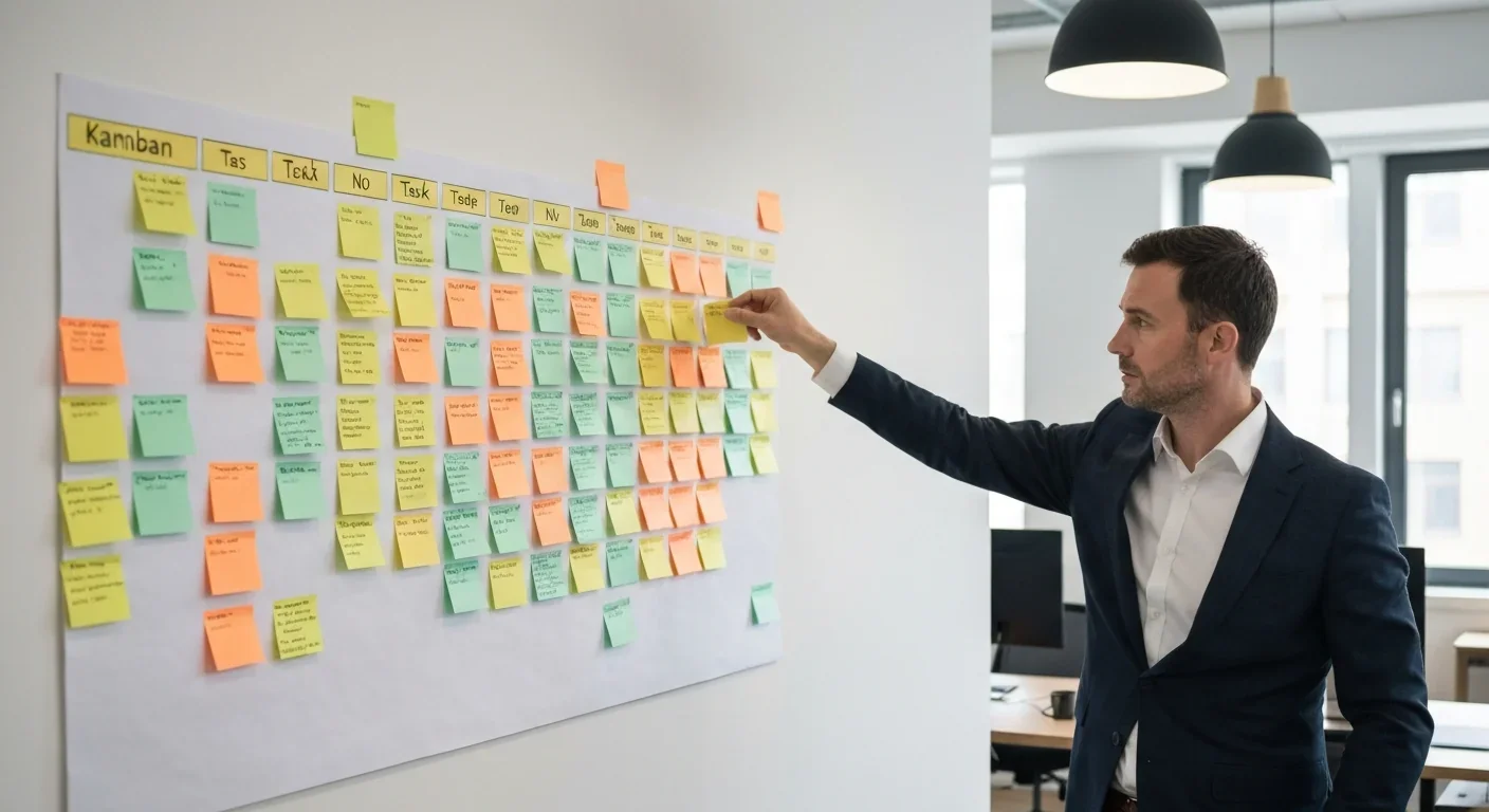 Professional updating Kanban board with task assignments in modern office