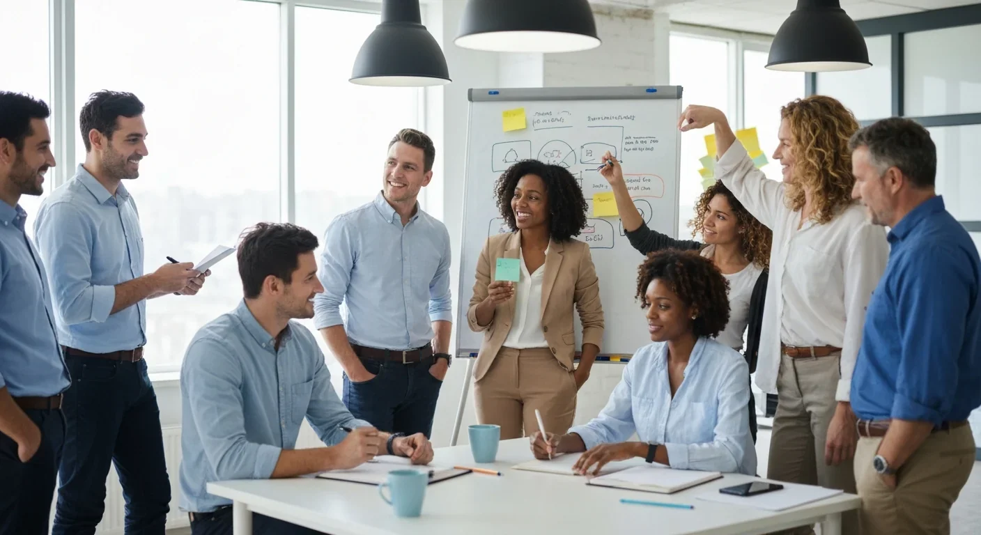 Team engaged in productive brainstorming session with visible individual participation