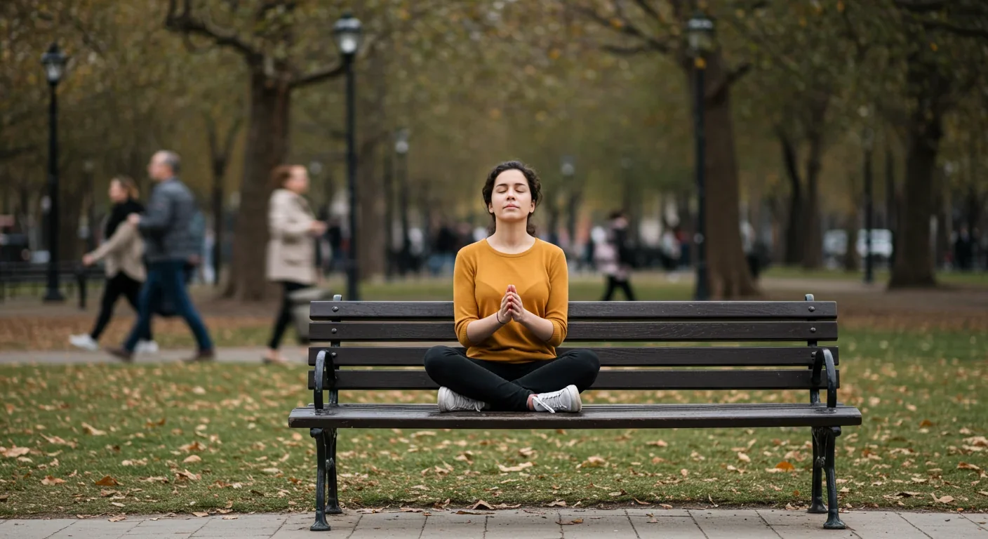 Person practicing mindfulness meditation on park bench with passersby