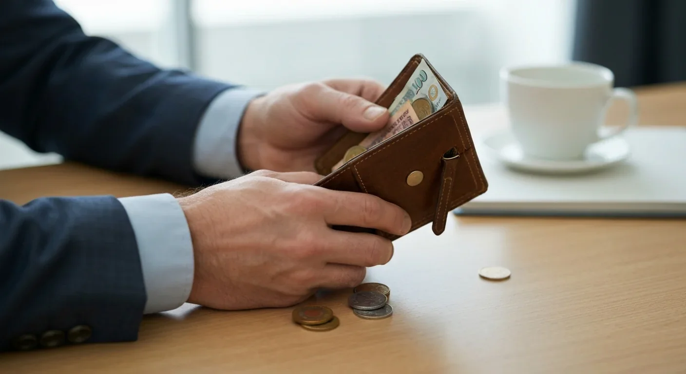 Close-up of adult hands holding an open leather wallet with money on a wooden table
