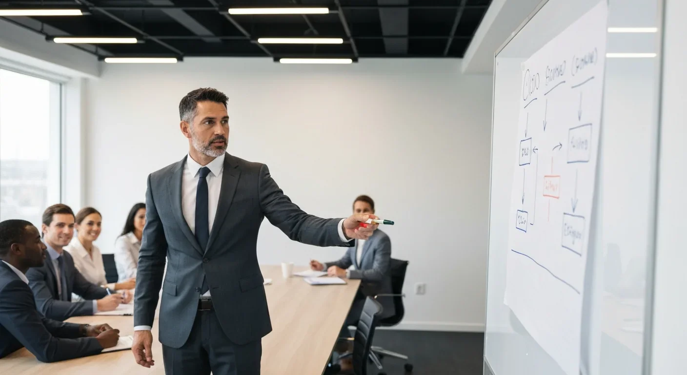 Business professional presenting a flowchart on whiteboard in modern conference room with colleagues