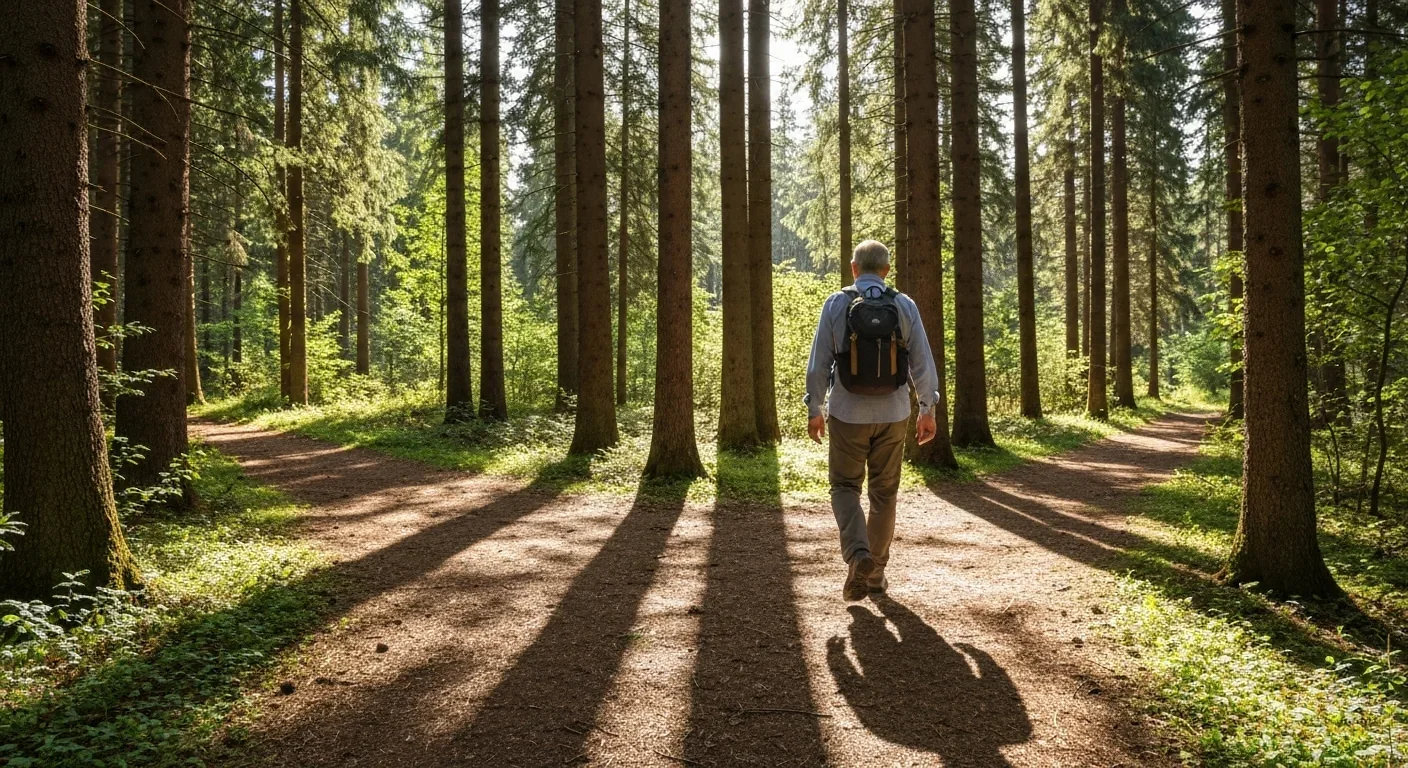 Person walking on a sunlit forest path that splits into two directions, photographed from behind