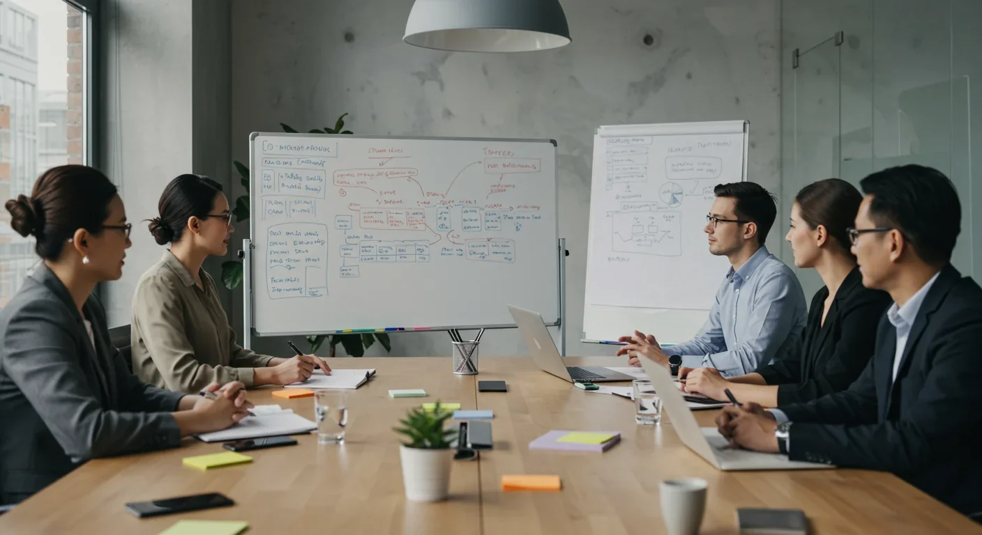 Business team conducting strategic project review meeting