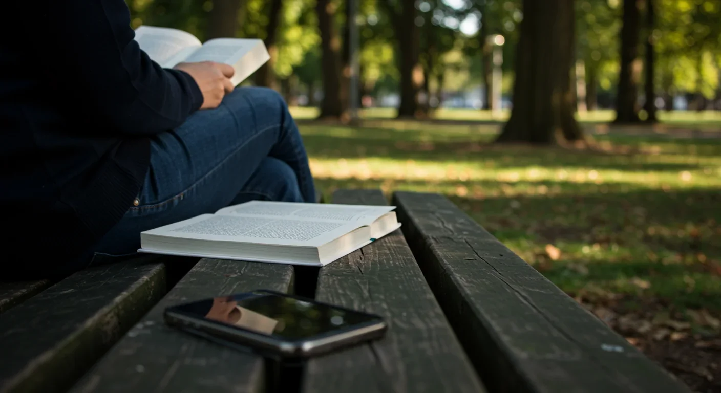 Person enjoying reading a book in nature with smartphone set aside showing digital wellbeing