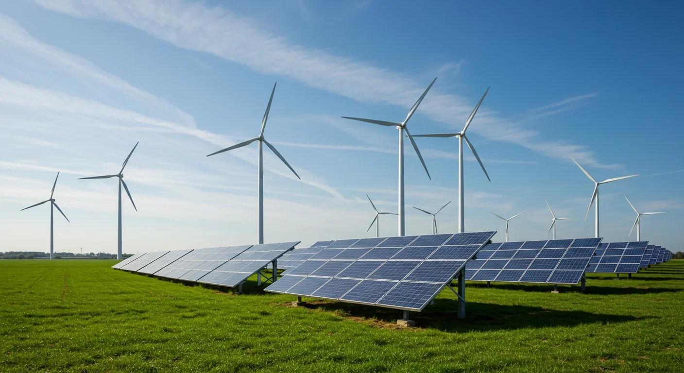 Wind turbines and solar panels representing climate action and collective meaning-making