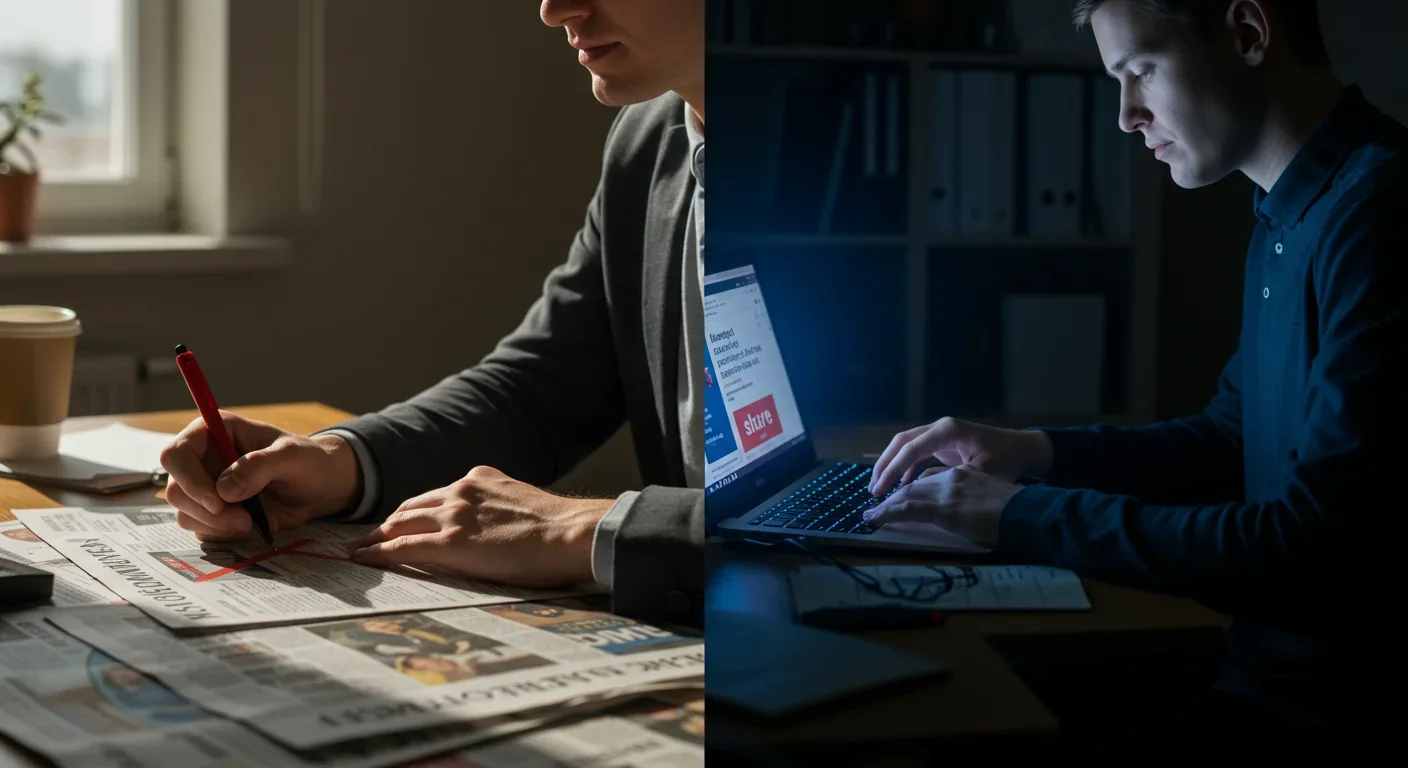 Split screen showing person fact‑checking newspapers versus unknowingly sharing targeted political ads online