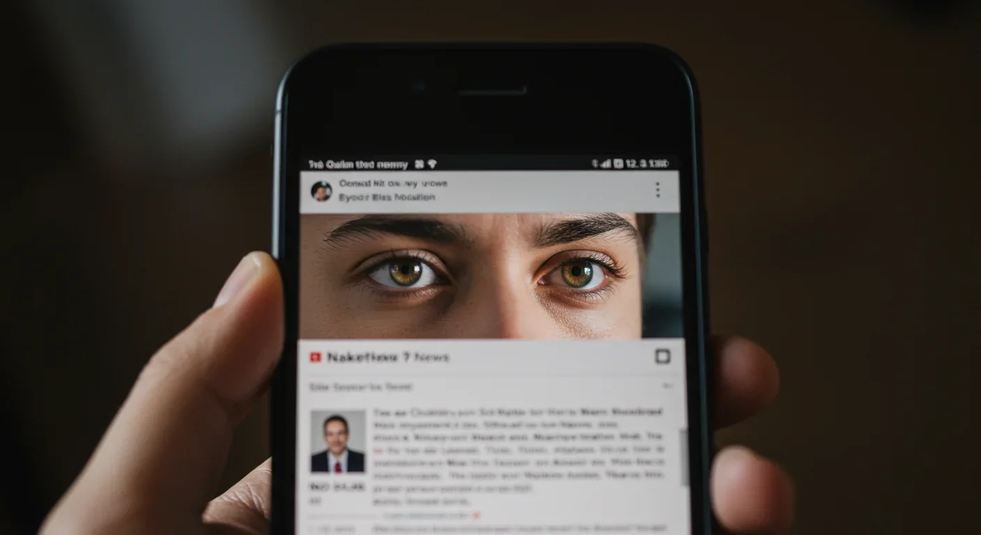 Person's thoughtful reflection in smartphone screen while reading news feed, showing critical media awareness
