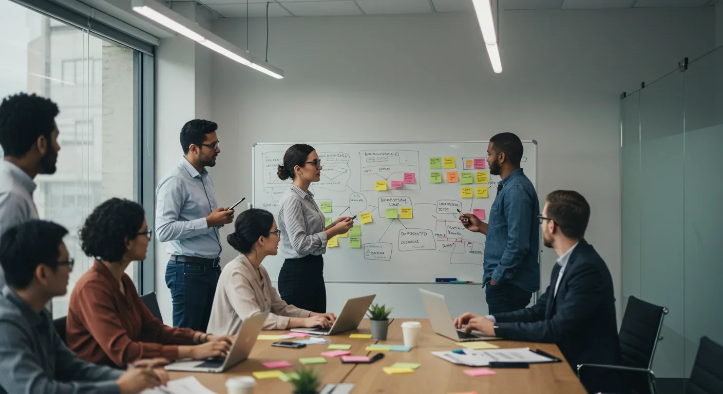 Diverse professional team collaborating on project in office conference room
