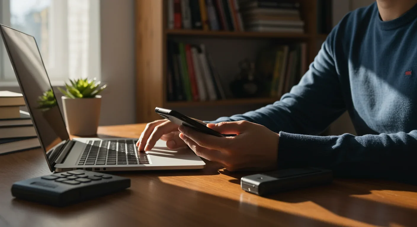 Remote worker using multiple digital devices in home office environment