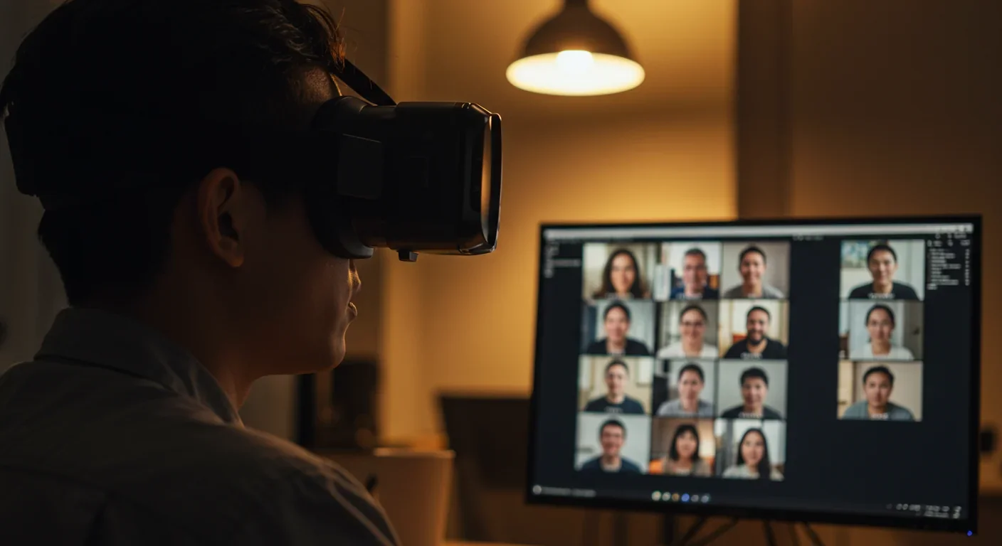 Person in VR headset during virtual meeting with multiple participants on screen