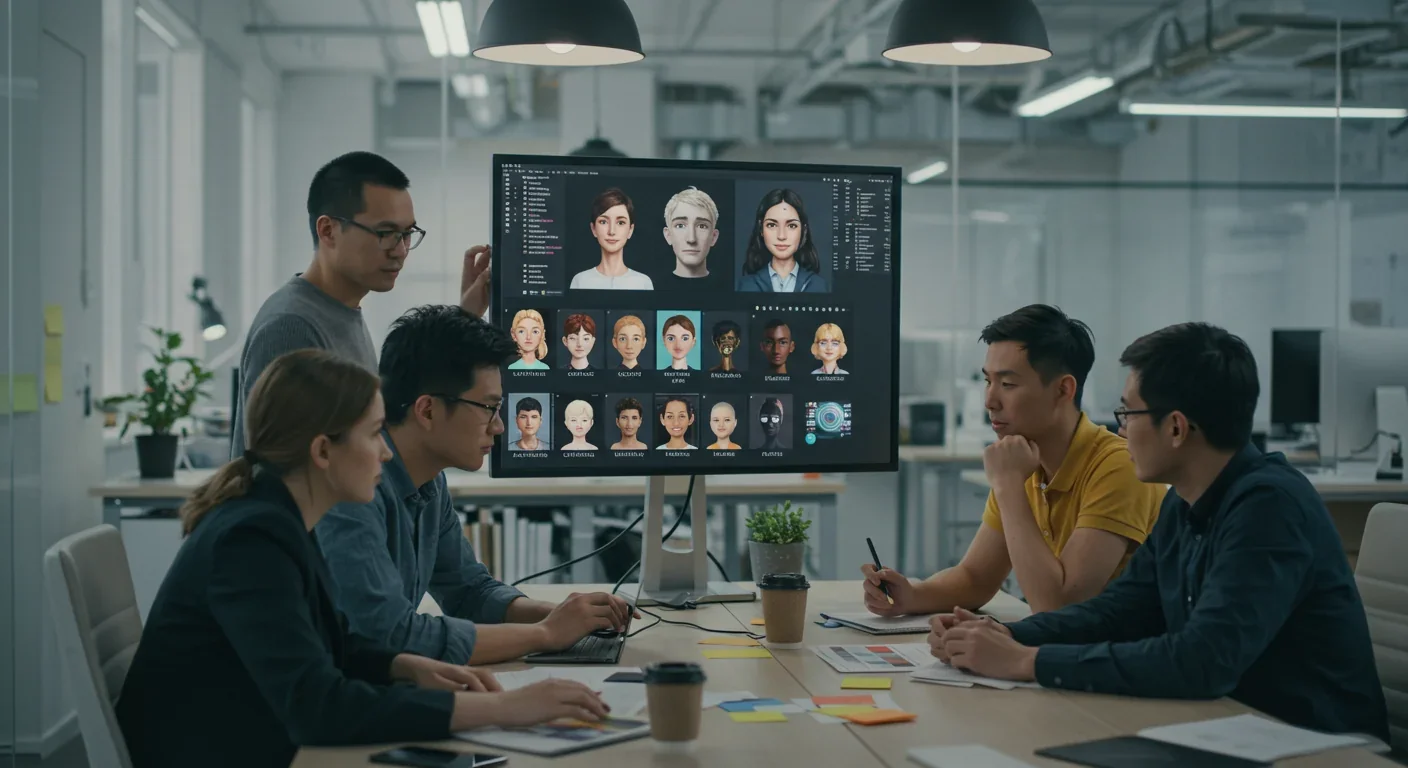 Design team reviewing digital avatar prototypes on large monitor in modern office