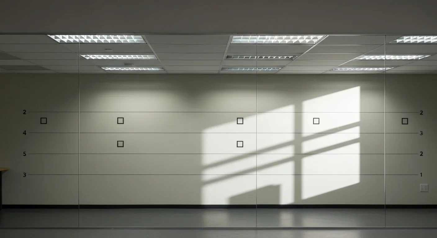 Police lineup room with one-way mirror and five empty positions