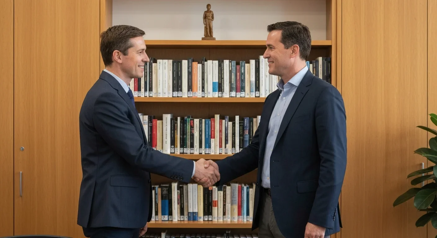 Two adults shaking hands in professional setting symbolizing advocacy partnership